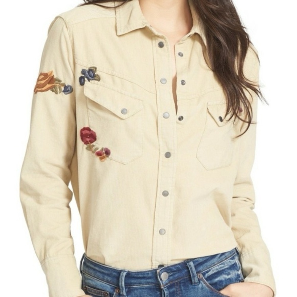 Free People Harley Floral Embroidered Corduroy Western Button Down Shirt Women M